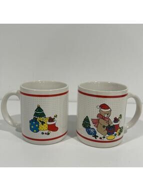 Vintage Set of 2 Christmas Teddy Bears Porcelain Holidays Mugs Collectible